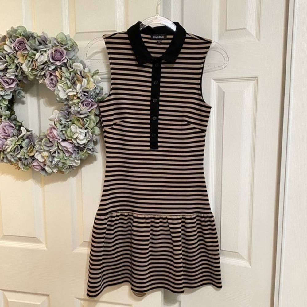 Bebe Beige/Black Striped Sleeveless Dress Stretch